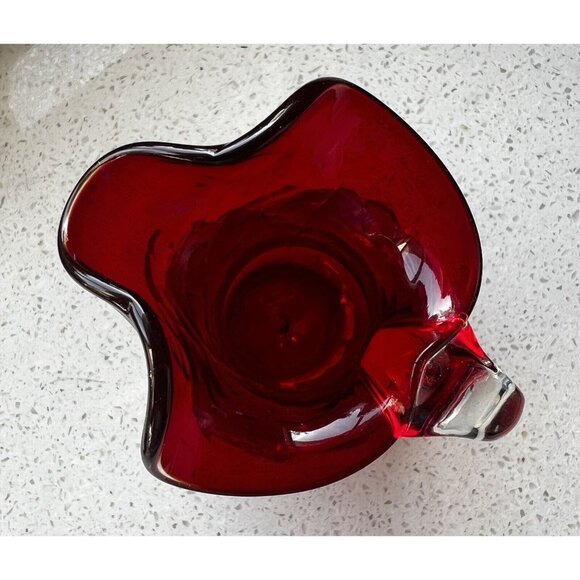 Blown Glass Red Vase Pitcher 5” Applied Clear Handle Crackle Glass Flute… - Picture 4 of 10